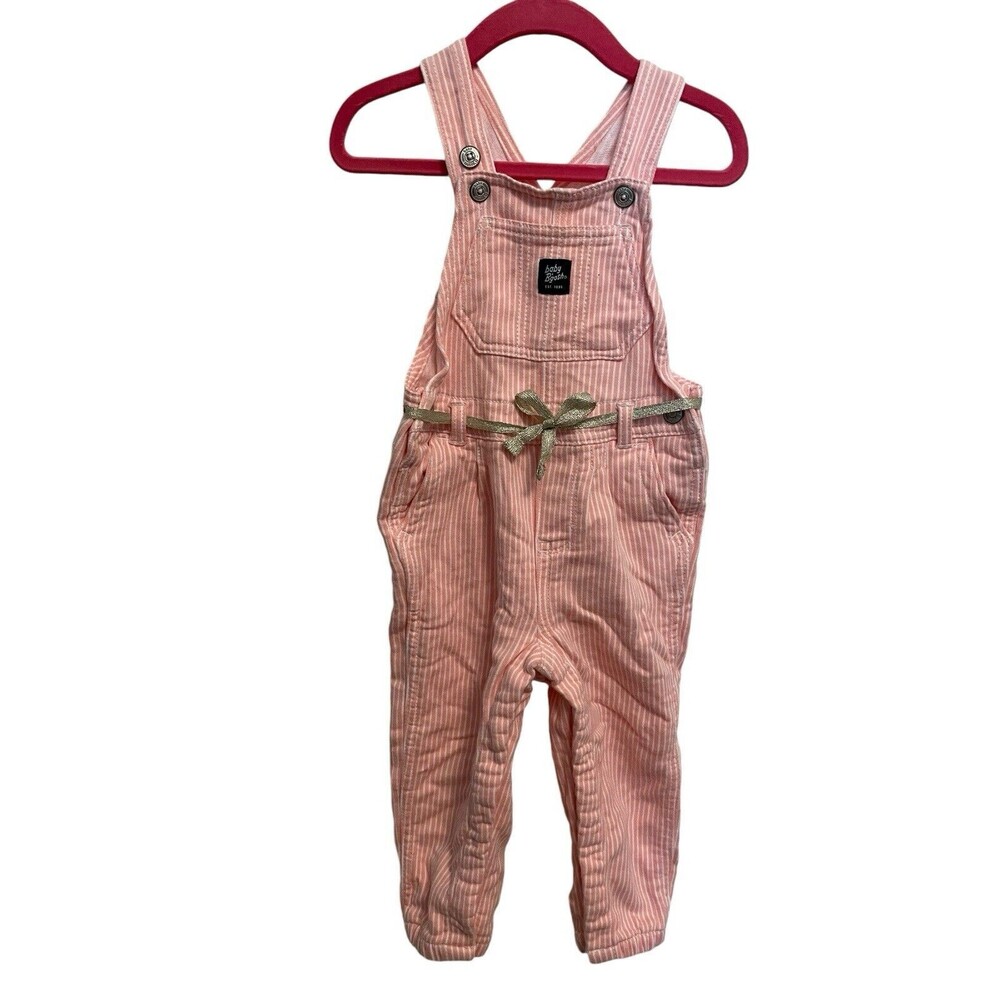 Baby B'Gosh OshKosh Hickory Stripe Pink White Overalls Gold Belt Stretch 24M a26